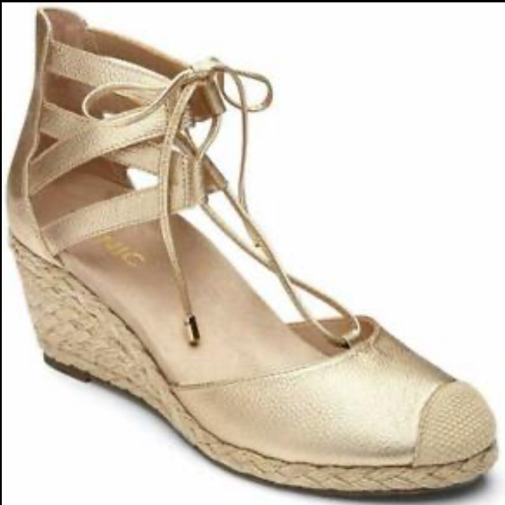Vionic Aruba Calypso Espadrille Wedges in Gold Concealed Orthotic Support